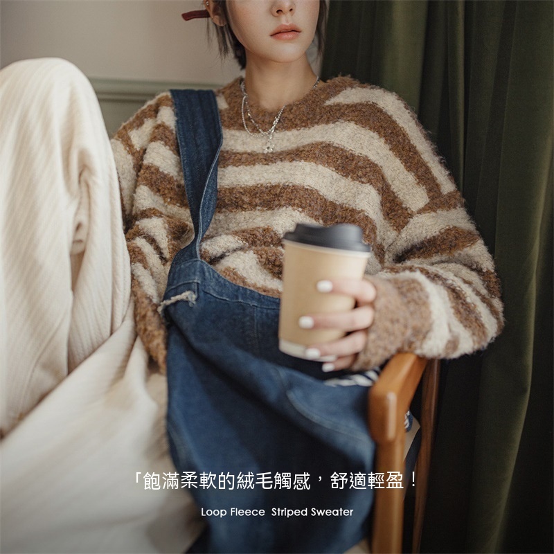 美式休閒圈圈絨條紋毛衣圓領針織衫女冬-Retro's Wear