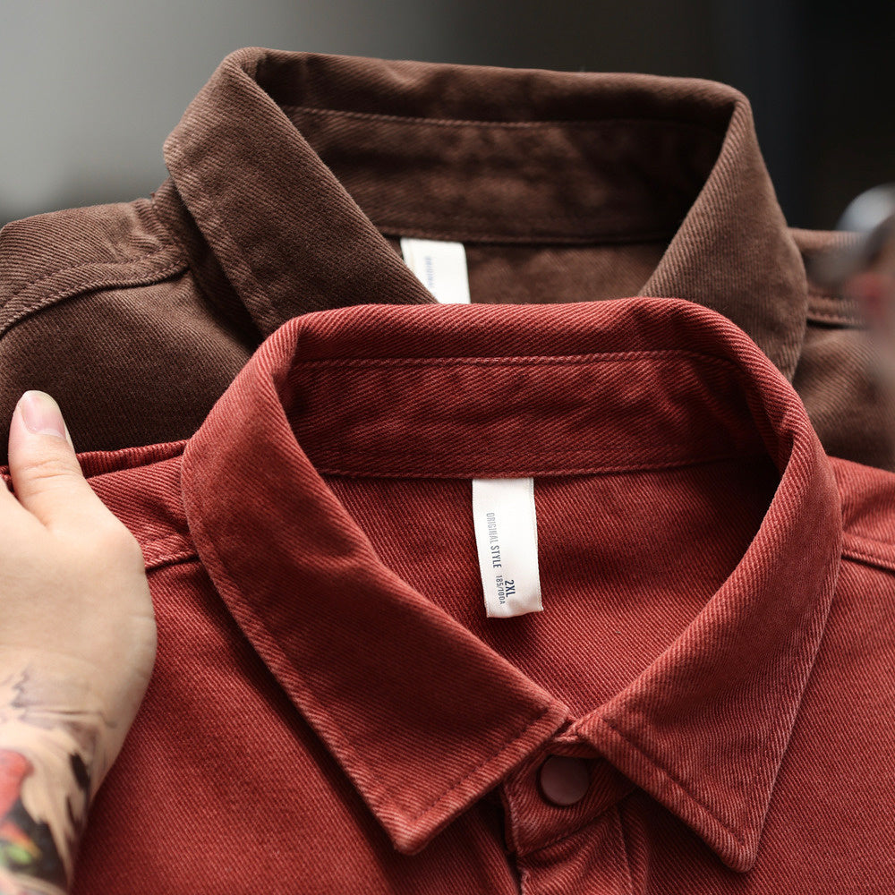 格雷系安可拉紅色襯衫外套男寬鬆巴黎扣斜插口袋工裝襯衣秋-Retro's Wear