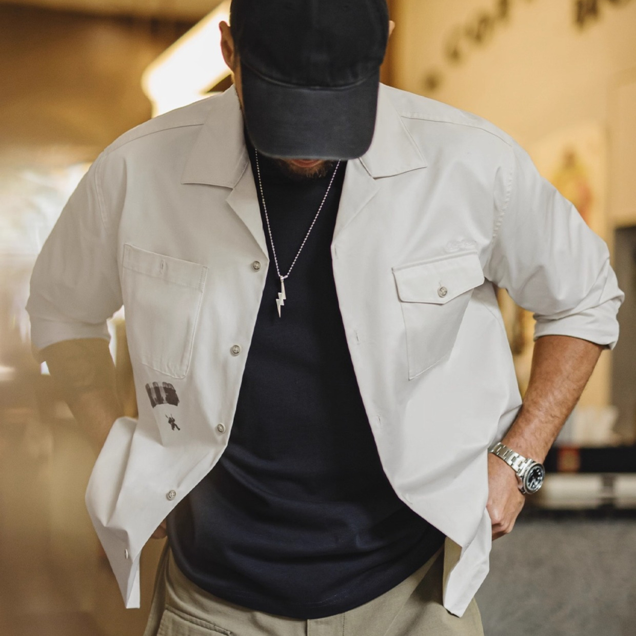 美式復古印花古巴領襯衫長袖寬鬆白色廓形襯衣外套男夏秋