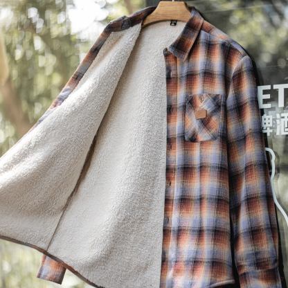 美式復古格子加絨襯衫外套搖粒絨保暖疊穿格紋襯衣男秋冬