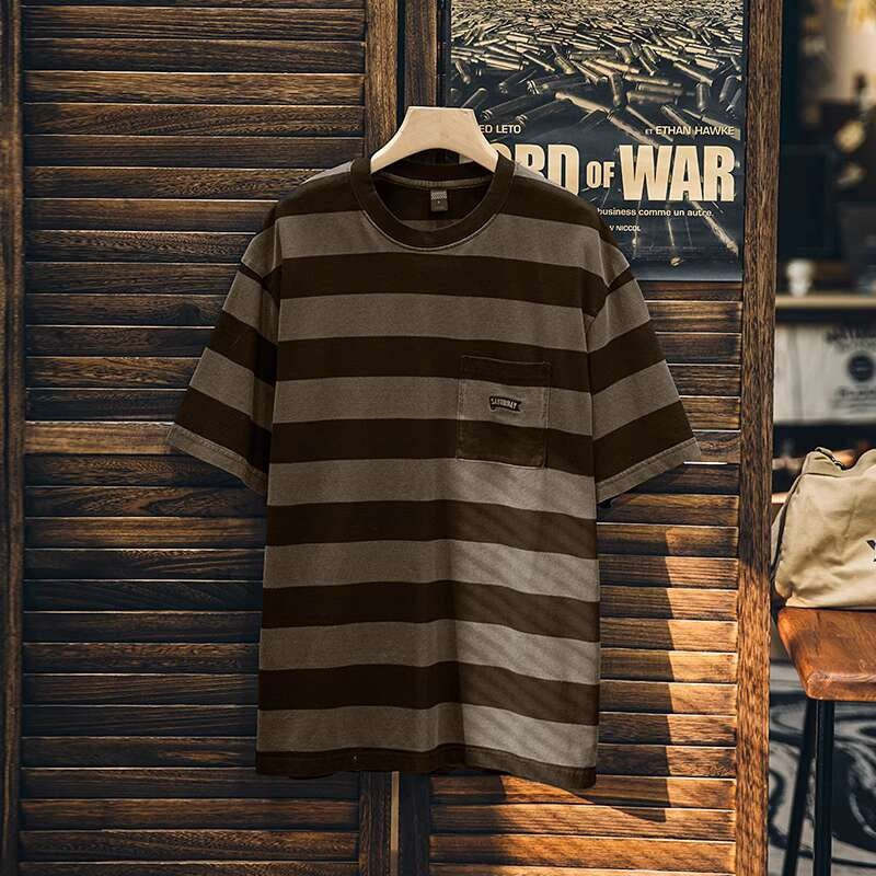 純棉水洗條紋短袖t恤男夏季2025新款美式微寬鬆圓領休閒半袖男