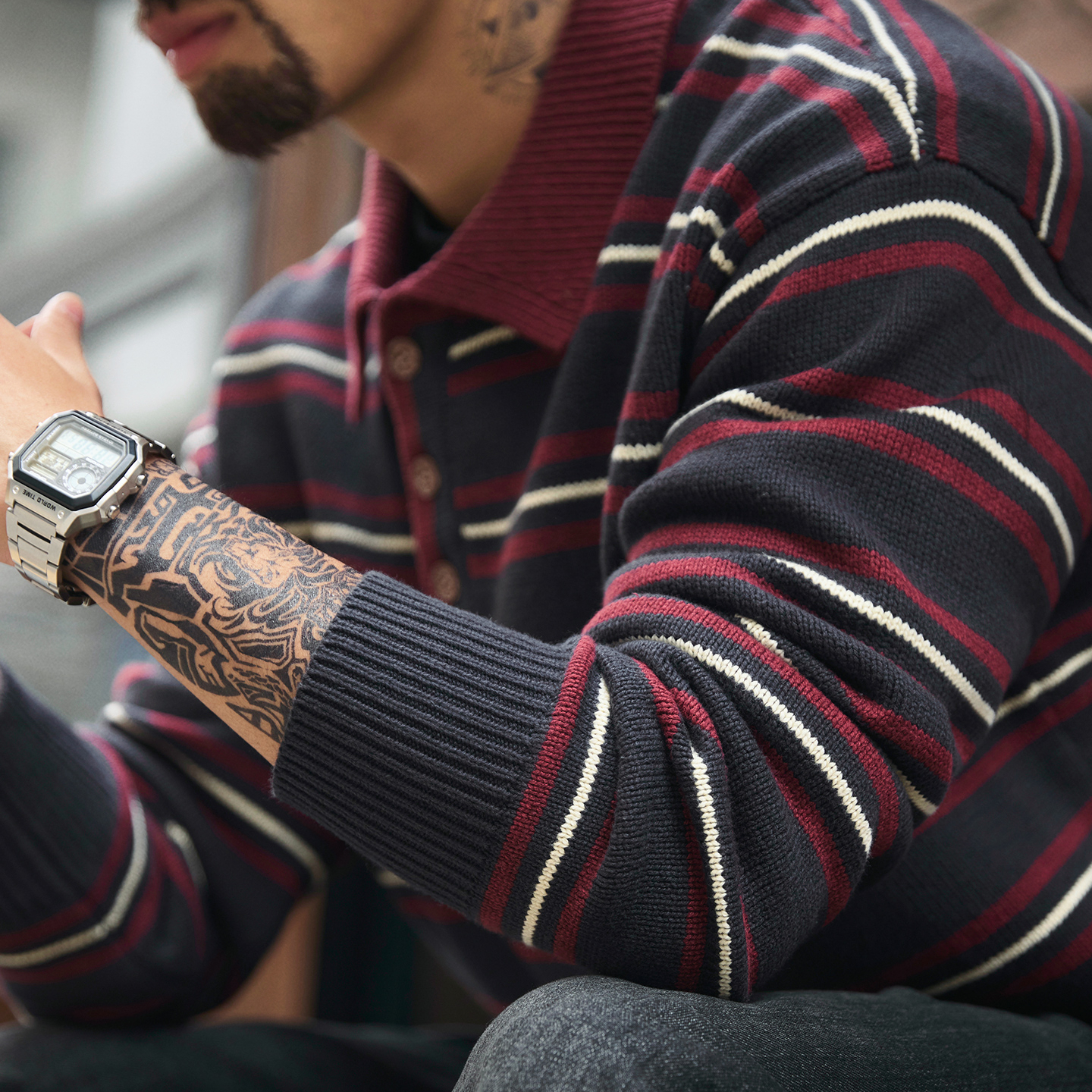 美式復古POLO領條紋毛衣男2025冬季新款寬鬆慵懶風撞色針織衫上衣