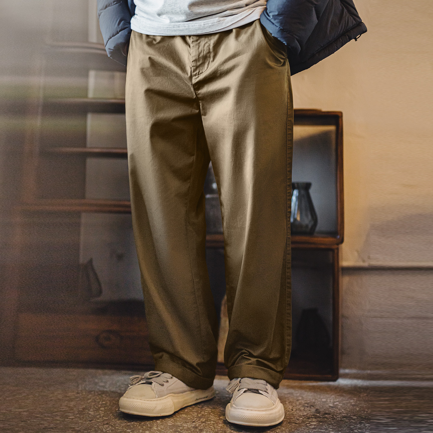 美式復古Chino褲卡其色直筒奇諾褲休閒純棉長褲子男秋冬