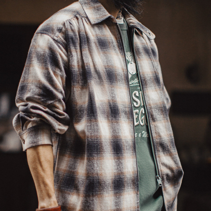 美式復古格子拉鍊襯衫翻領格紋純棉外套開衫長袖襯衣男春