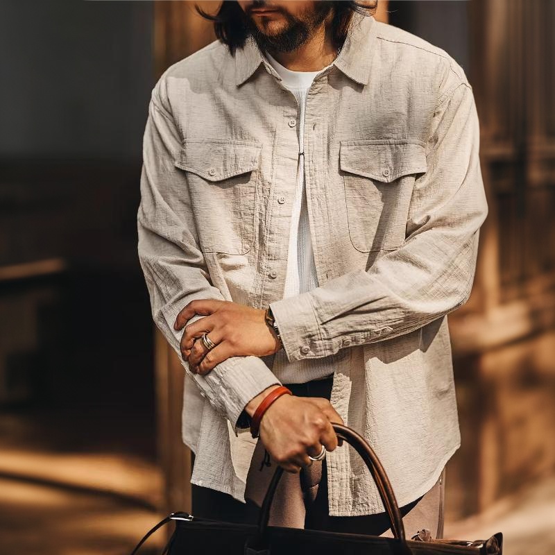 美式復古亞麻混紡輕薄男士襯衫外套寬鬆春季款工裝長袖襯衣