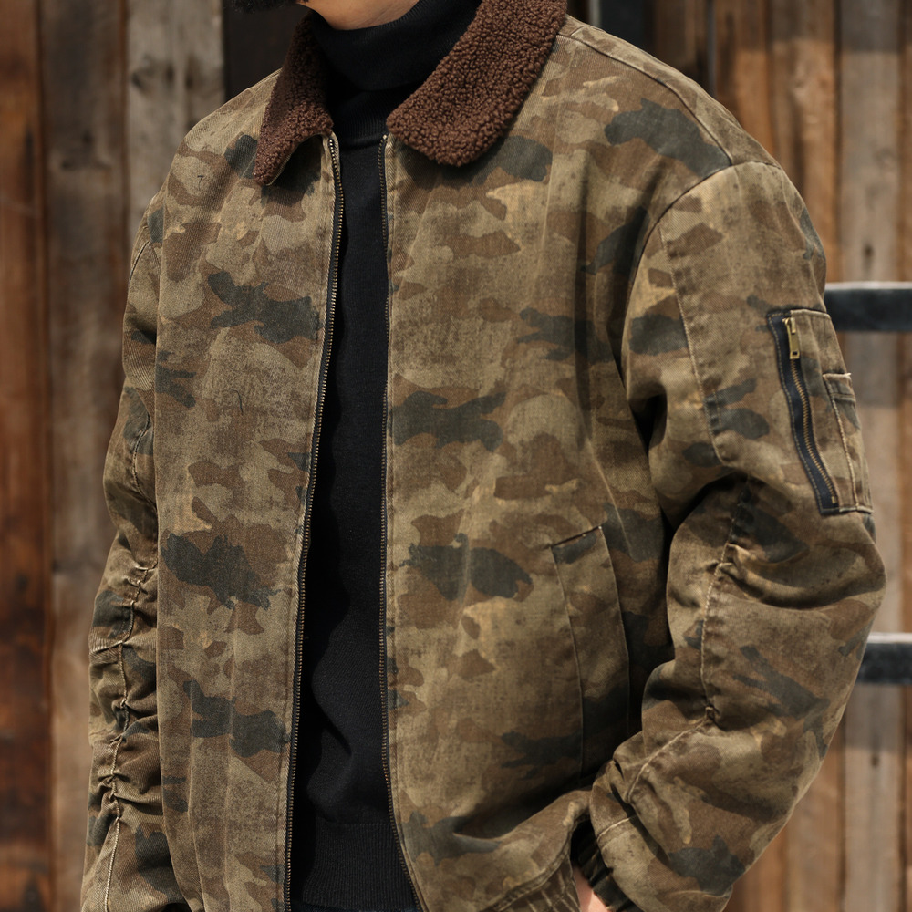 美式羊羔絨工裝帆布夾克男加絨加厚保暖復古迷彩外套冬