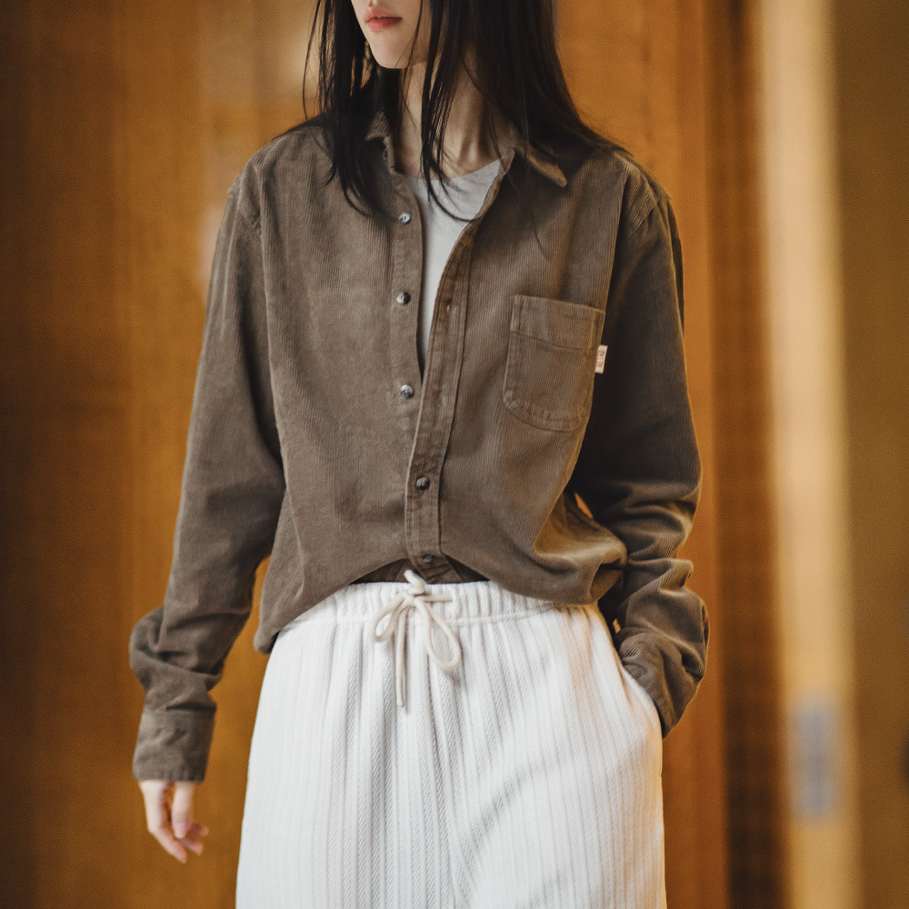 休閒燈芯絨襯衫寬鬆內搭休閒翻領長袖襯衣女秋冬款上衣-Retro's Wear