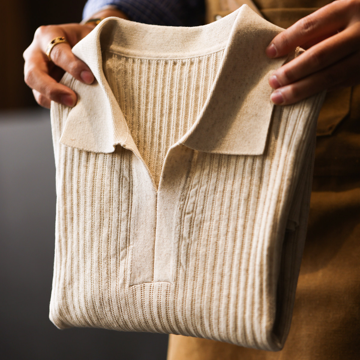 萊賽爾亞麻短袖V領Polo衫男意式老錢簡約翻領針織T恤夏