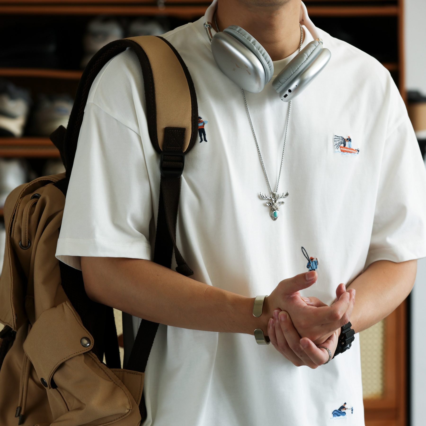 新疆長絨棉趣味小刺繡短袖T恤男260g凉感純棉圓領打底衫