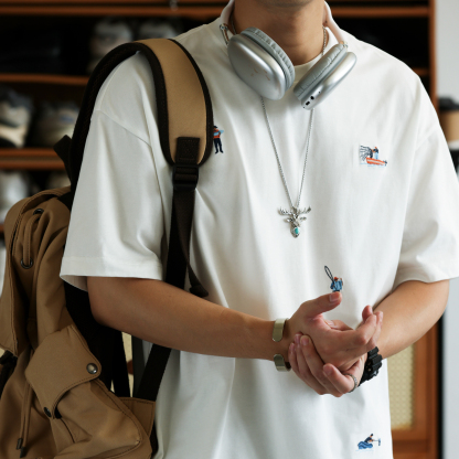 新疆長絨棉趣味小刺繡短袖T恤男260g凉感純棉圓領打底衫