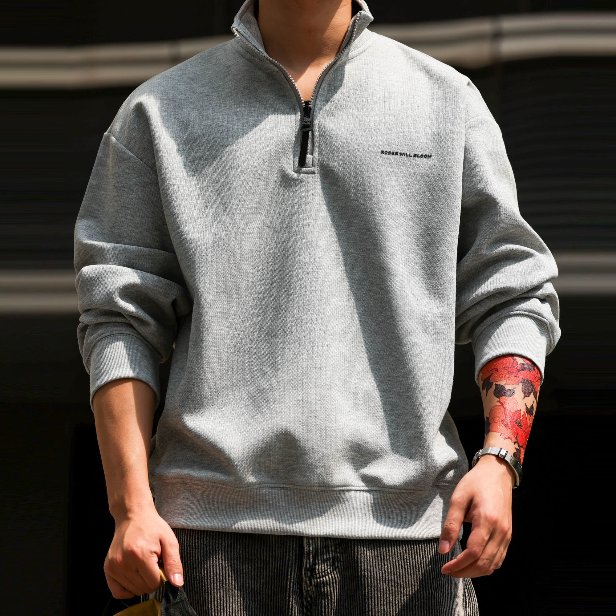 美式休閒半拉鍊立領長袖衛衣男340g針織肌理套頭上衣秋