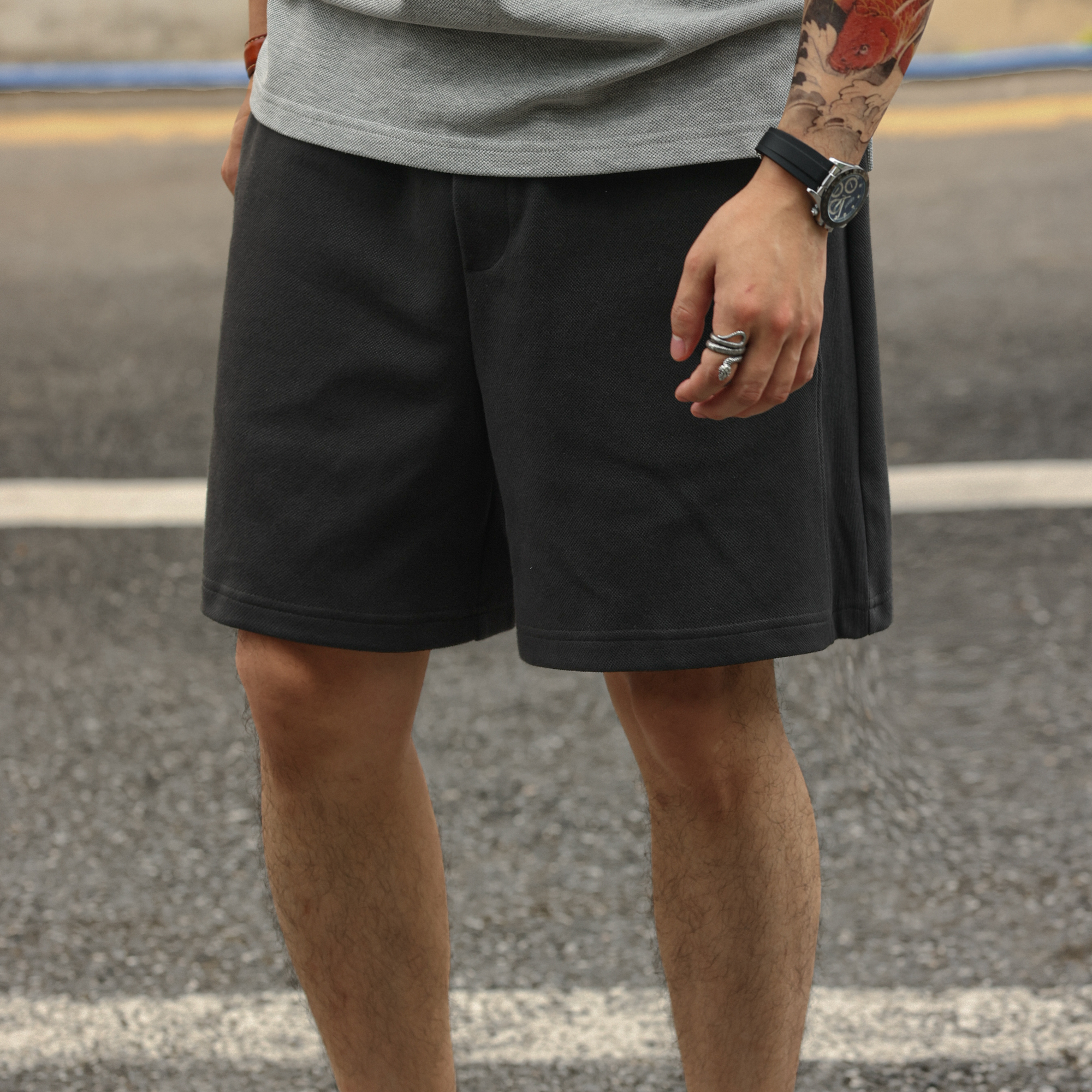 美式休閒360g重磅針織短褲男珠地肌理拼接設計五分褲夏