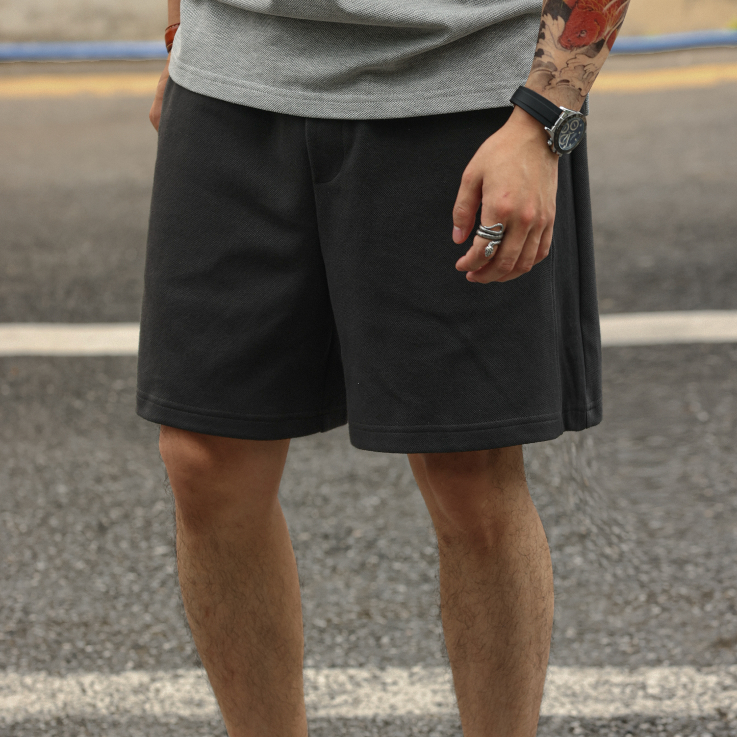 美式休閒360g重磅針織短褲男珠地肌理拼接設計五分褲夏