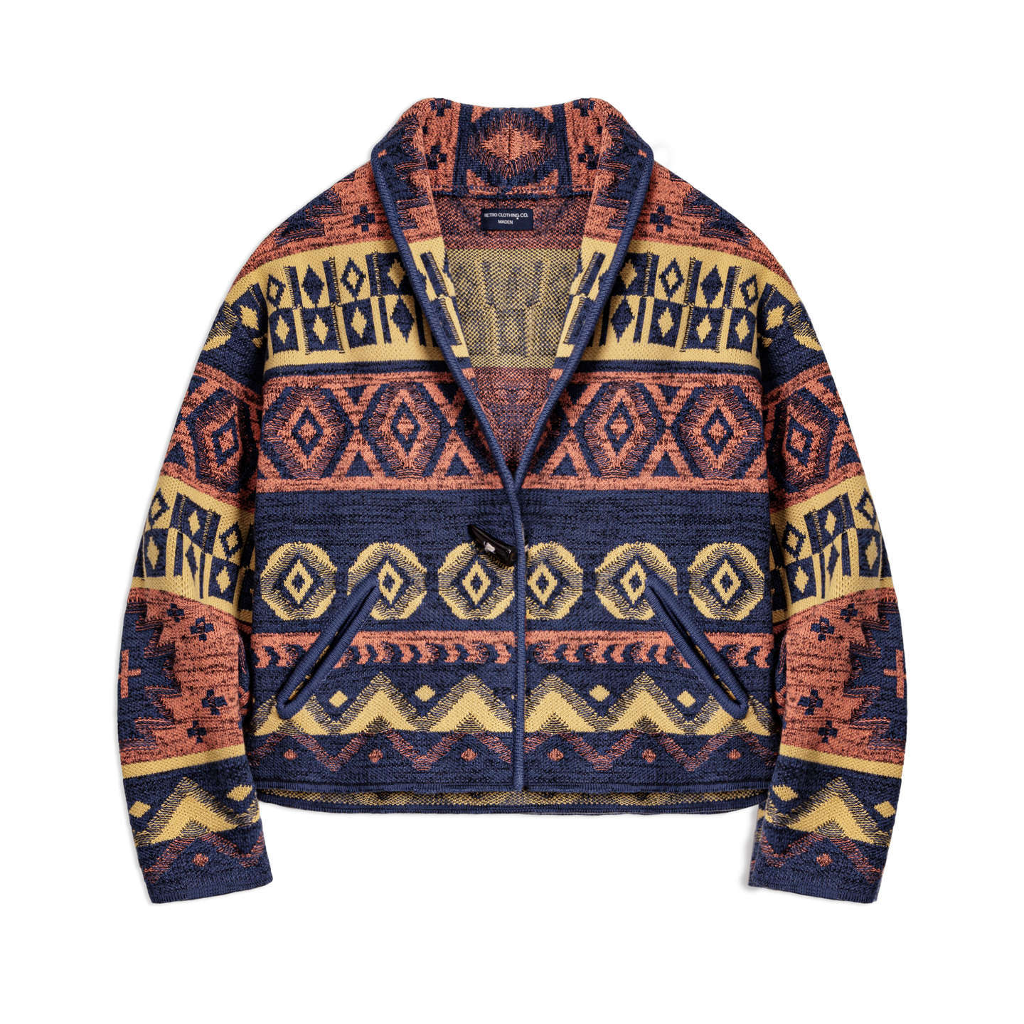 復古翻V領納瓦霍牛角扣寬鬆提花針織開衫毛衣外套上衣女士秋