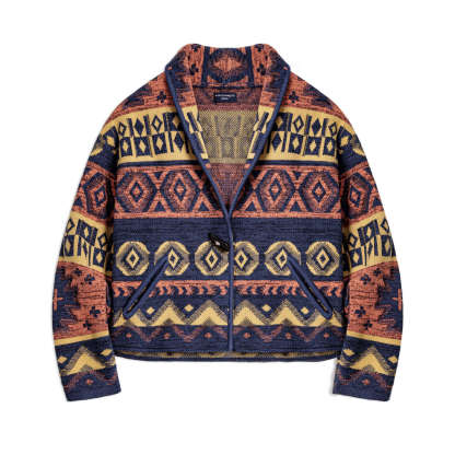 復古翻V領納瓦霍牛角扣寬鬆提花針織開衫毛衣外套上衣女士秋