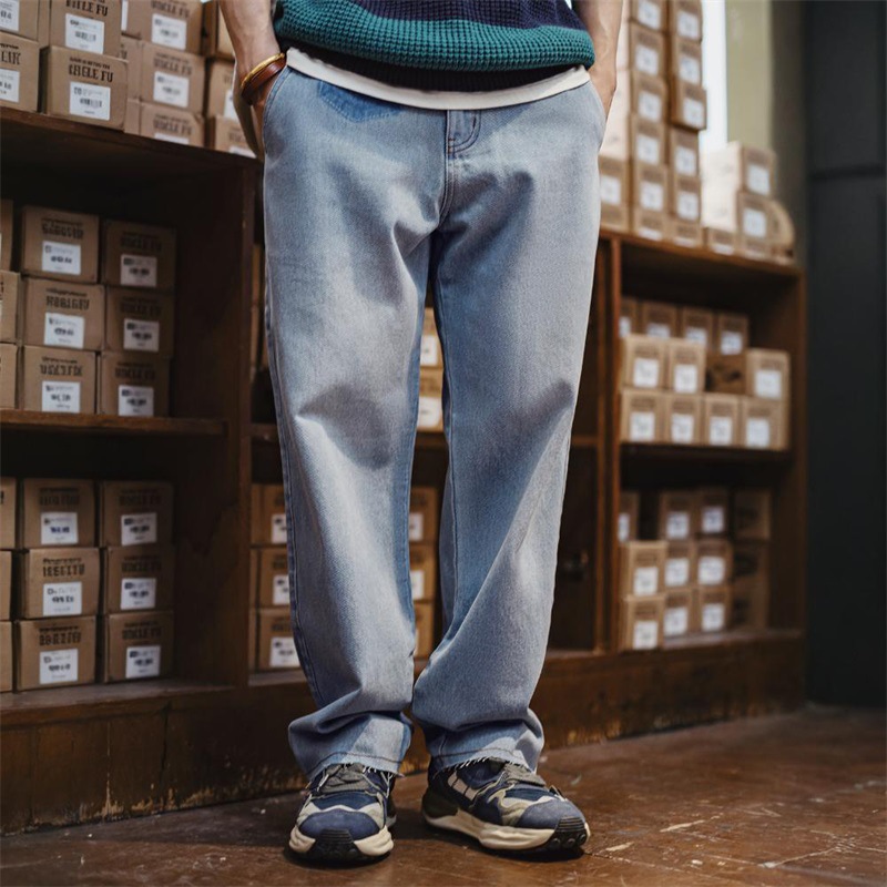 美式復古水洗藍丹寧牛仔褲純棉毛邊直筒休閒老爹長褲男秋-Retro's Wear
