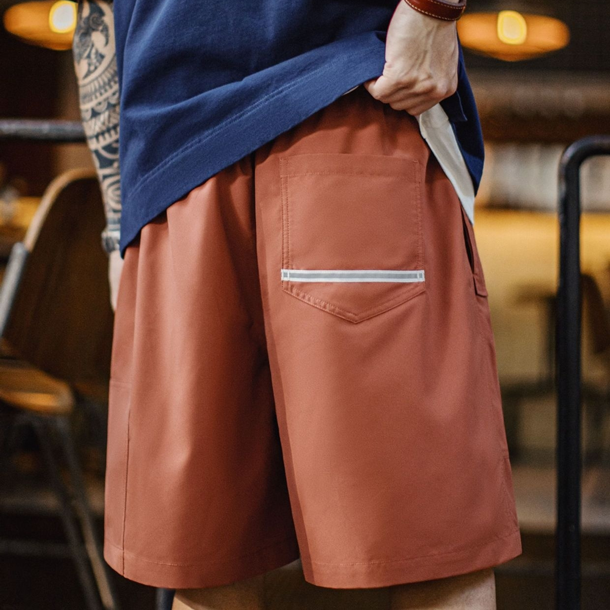 美式紅色短褲抽繩鬆緊腰直筒寬鬆外穿大口袋五分褲男夏季