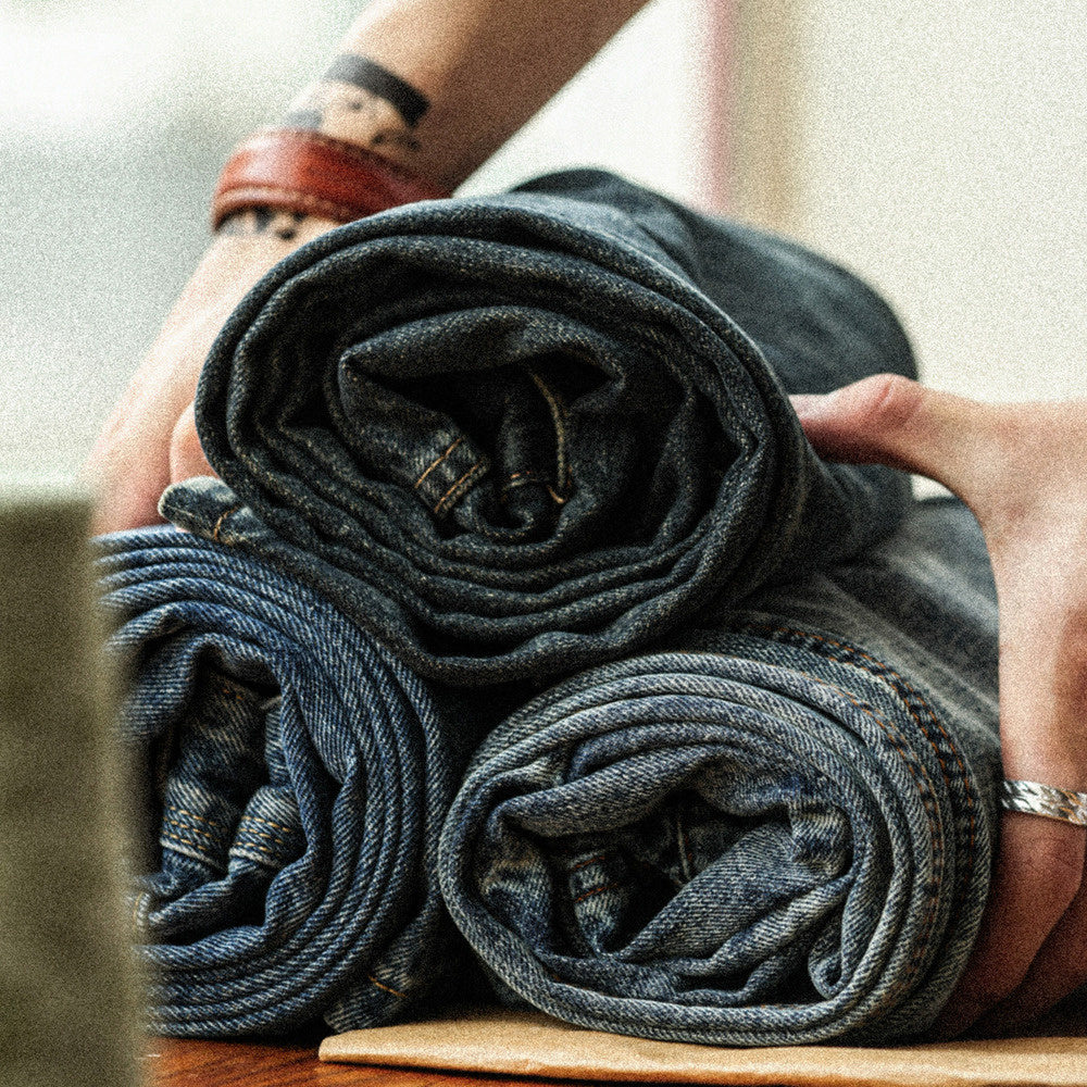 美式復古12.8盎司水洗藍牛仔褲男猫須磨破寬鬆直筒休閒長褲-Retro's Wear