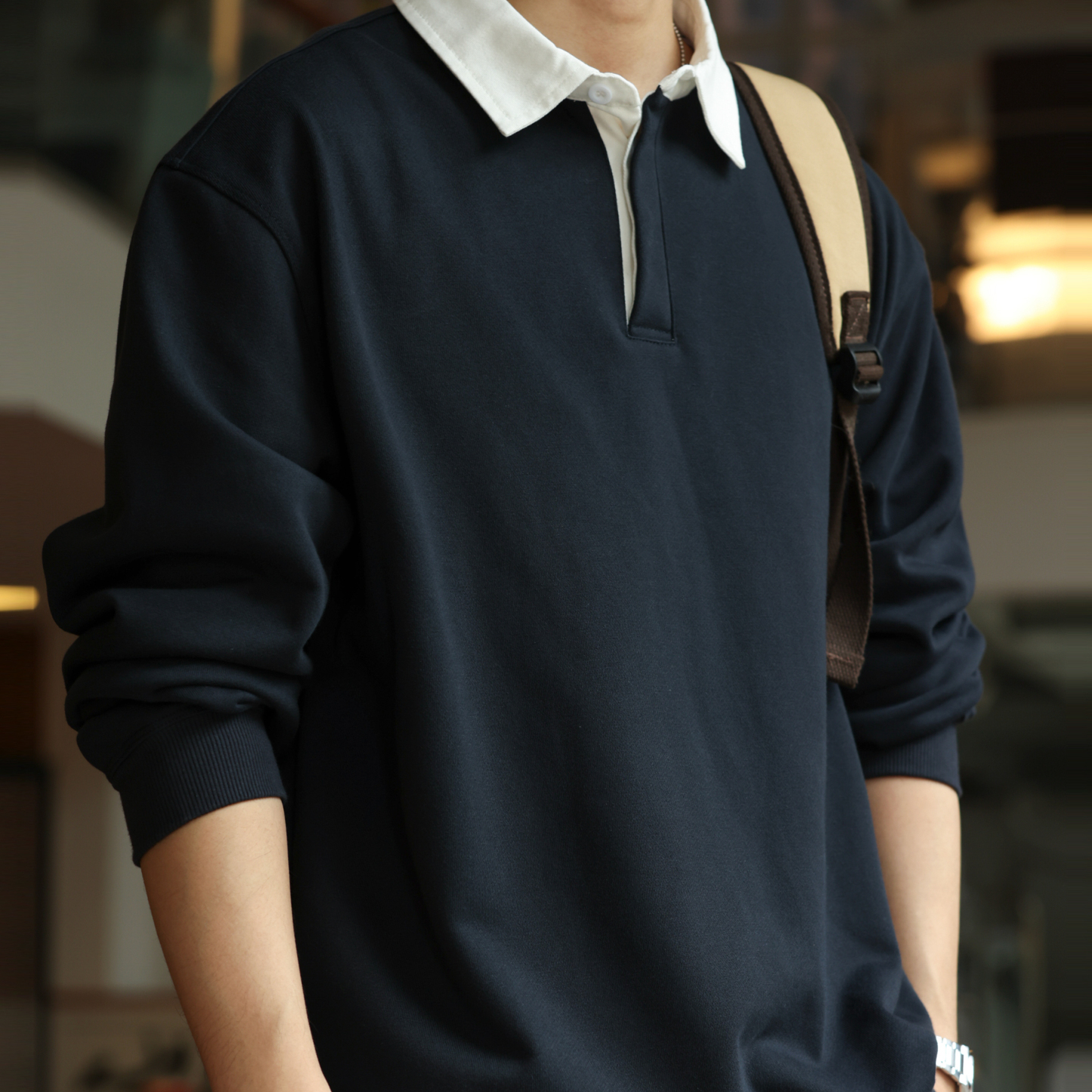 美式復古390g重磅撞色polo衫男學院風小毛圈針織衛衣秋