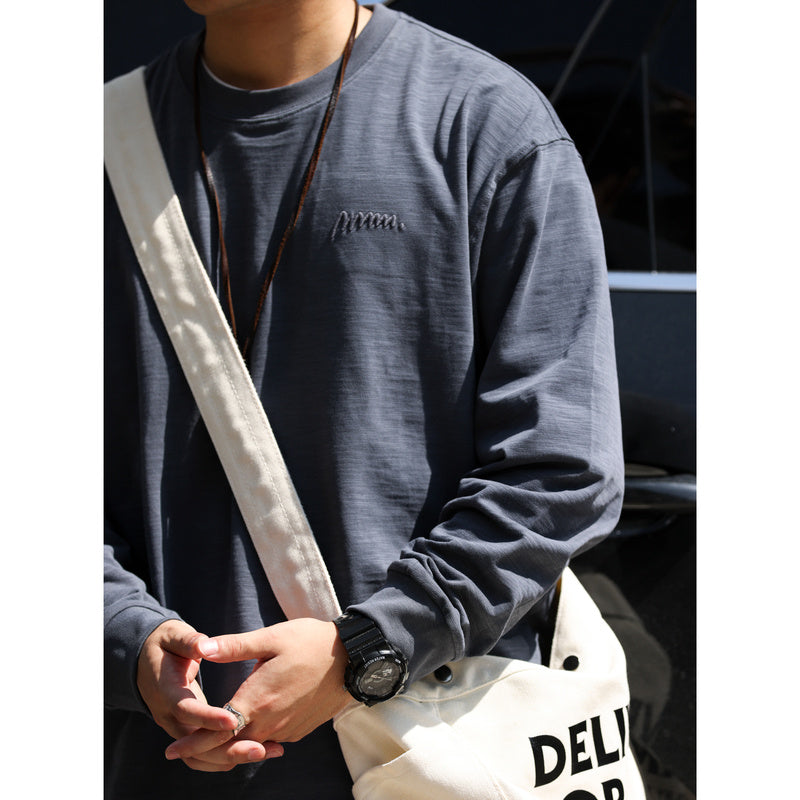 日系復古高密刺繡天竺棉長袖T恤男寬鬆cleanfit休閒打底衫秋-Retro's Wear