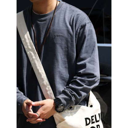 日系復古高密刺繡天竺棉長袖T恤男寬鬆cleanfit休閒打底衫秋-Retro's Wear