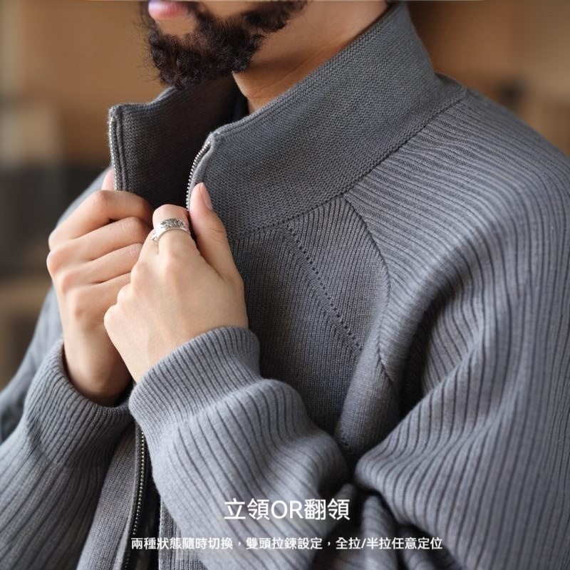 美式休閒保暖立領毛衣羽絨服男90絨灰色針織開衫外套冬