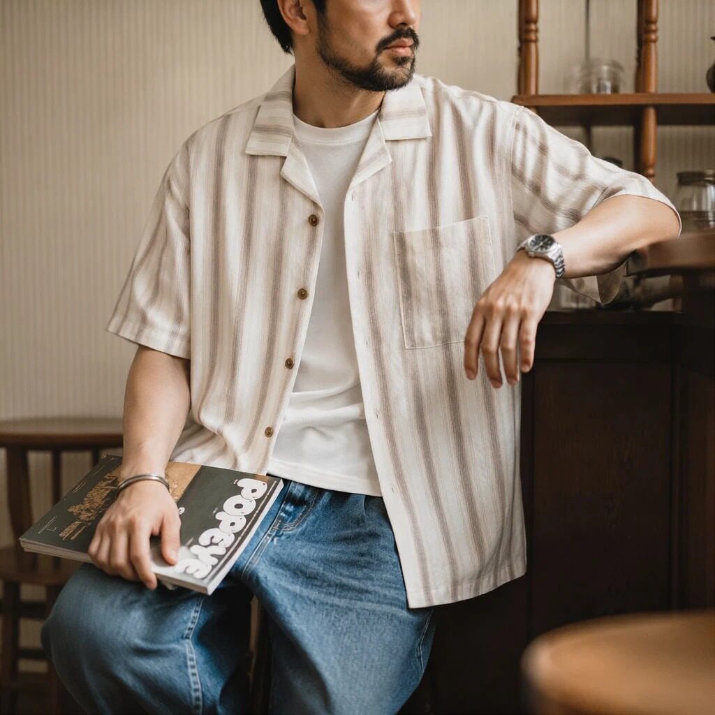 夏季新款日系萊賽爾襯衫男士輕薄慵懶感條紋短袖上衣