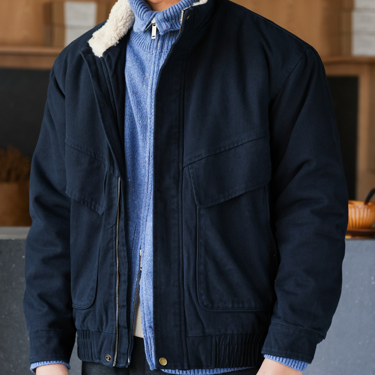 美式復古A2羊羔絨立領夾克男水洗純棉卡其保暖工裝外套