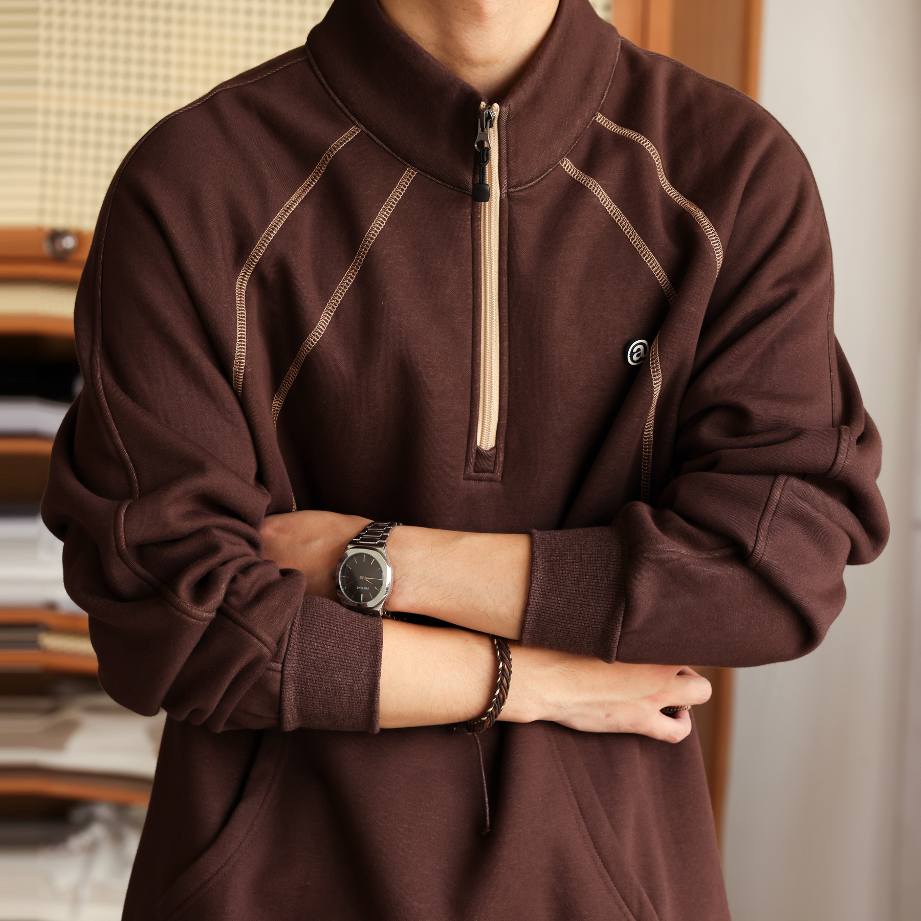 美式復古設計感加絨立領衛衣男撞色哈梭線半拉鍊上衣冬