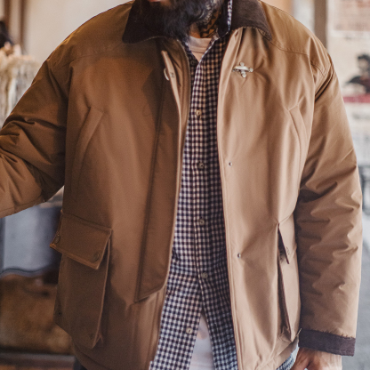 美式復古咖色棉服外套獵裝燈芯絨拼接巴恩風夾克男秋冬