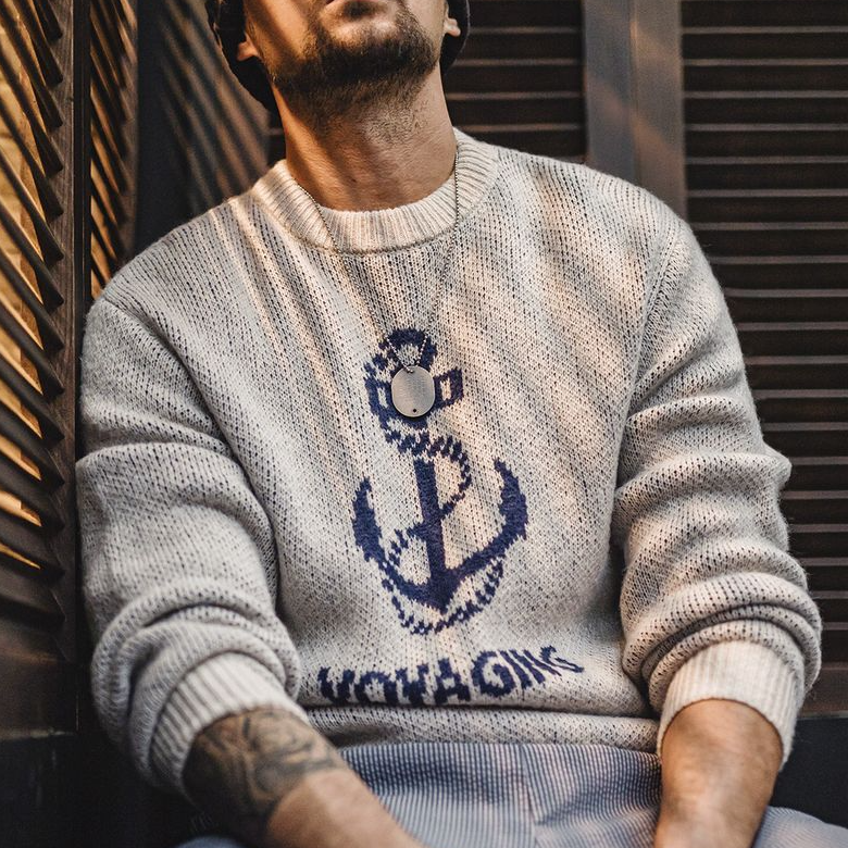 美式復古針織船錨提花毛衣vintage套頭圓領打底衫男秋冬-Retro's Wear