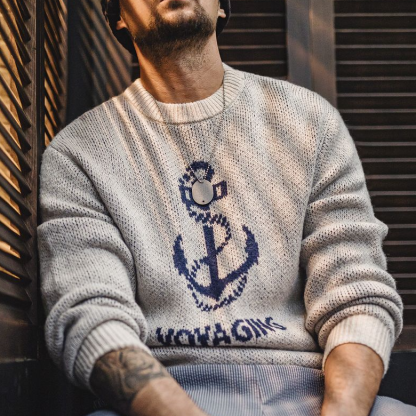 美式復古針織船錨提花毛衣vintage套頭圓領打底衫男秋冬-Retro's Wear