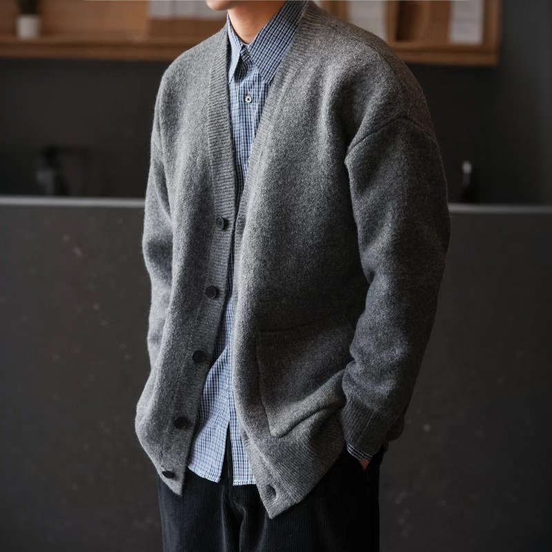 美式復古750g重磅V領開衫毛衣男疊穿外搭學院風針織衫冬