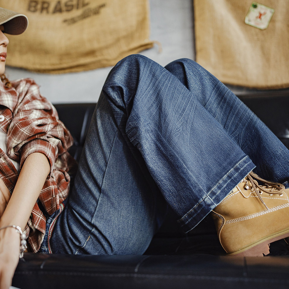 美式復古寬腰頭水洗丹寧直筒不貼腿微彈喇叭馬蹄牛仔褲女士秋