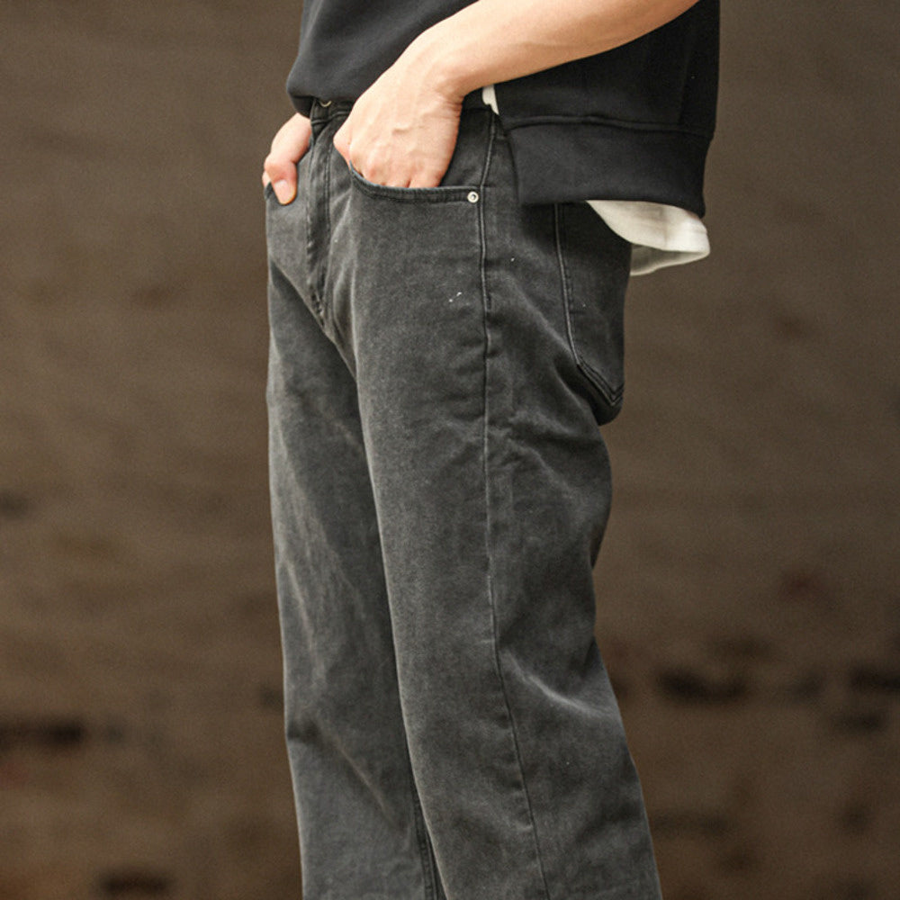 美式復古黑色牛仔褲男洗水做舊中腰窄版闊腿直筒長褲子-Retro's Wear