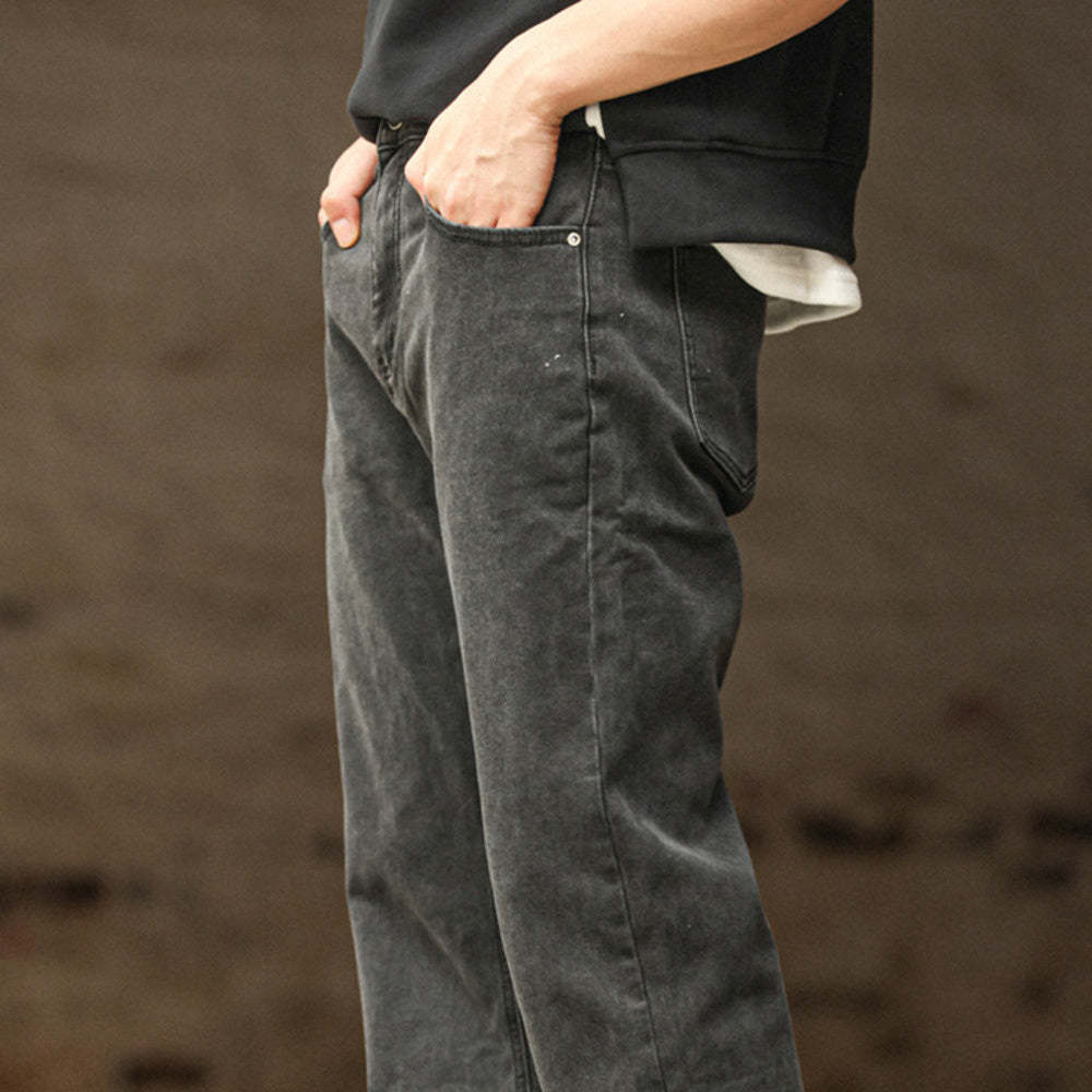 美式復古黑色牛仔褲男洗水做舊中腰窄版闊腿直筒長褲子-Retro's Wear