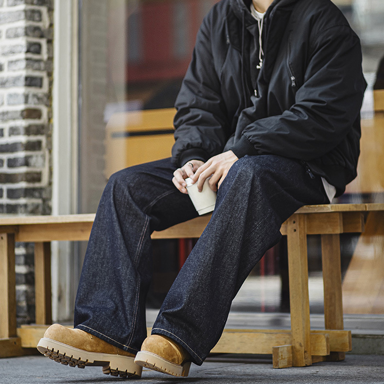 MRA美式復古重磅原牛色直筒牛仔褲闊腿寬鬆垂感深藍牛男夏秋