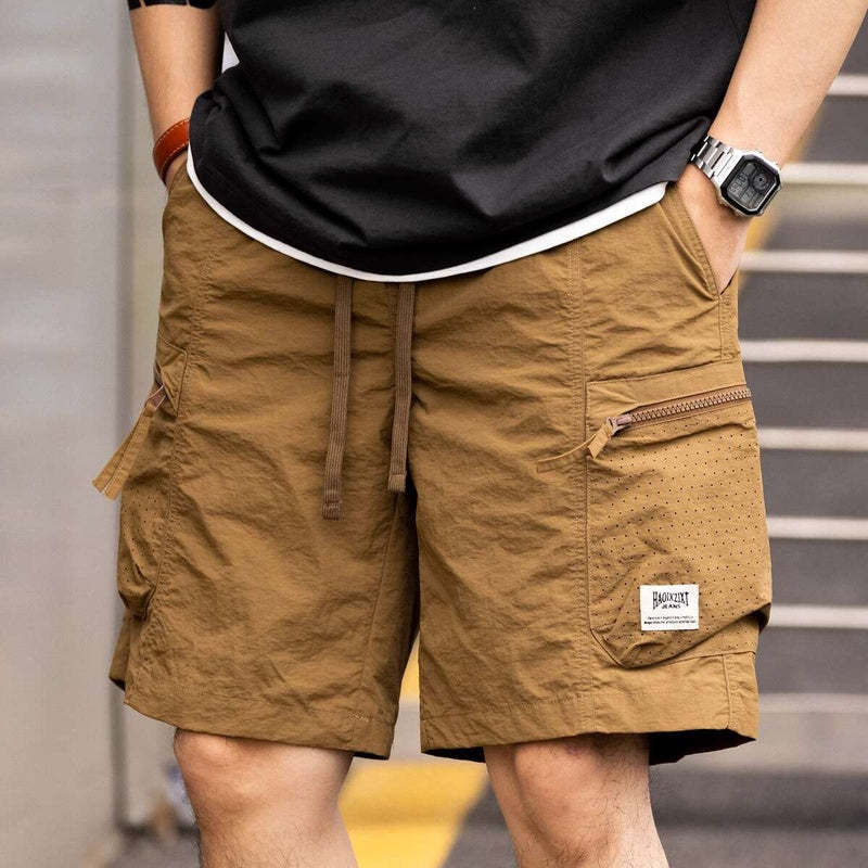美式復古大口袋防水短褲戶外寬鬆機能薄款山系工裝五分褲夏