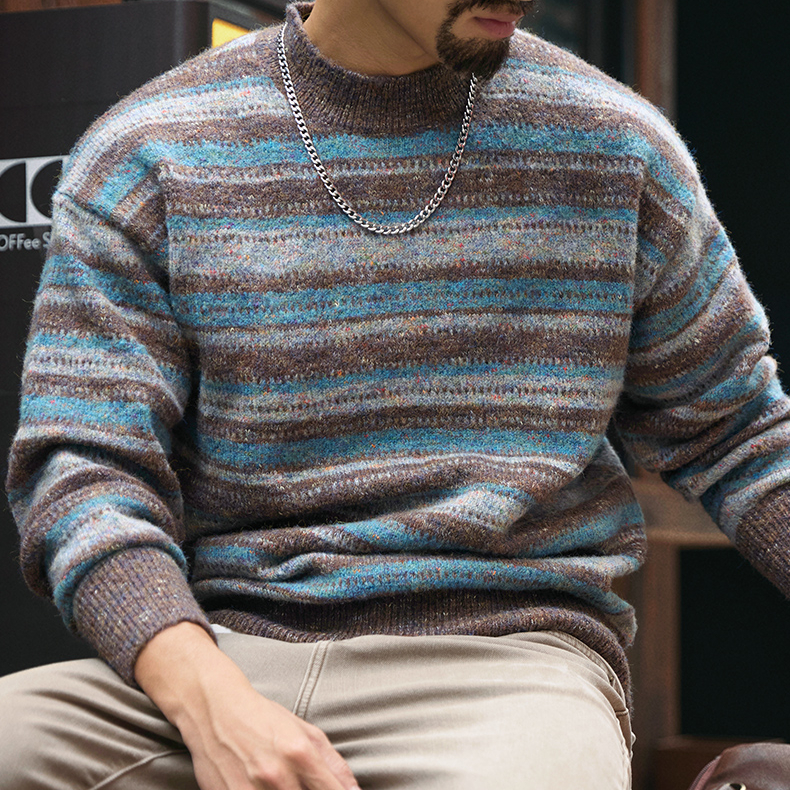 慵懶風撞色條紋圓領毛衣男2025冬季新款寬鬆復古加厚保暖針織衫