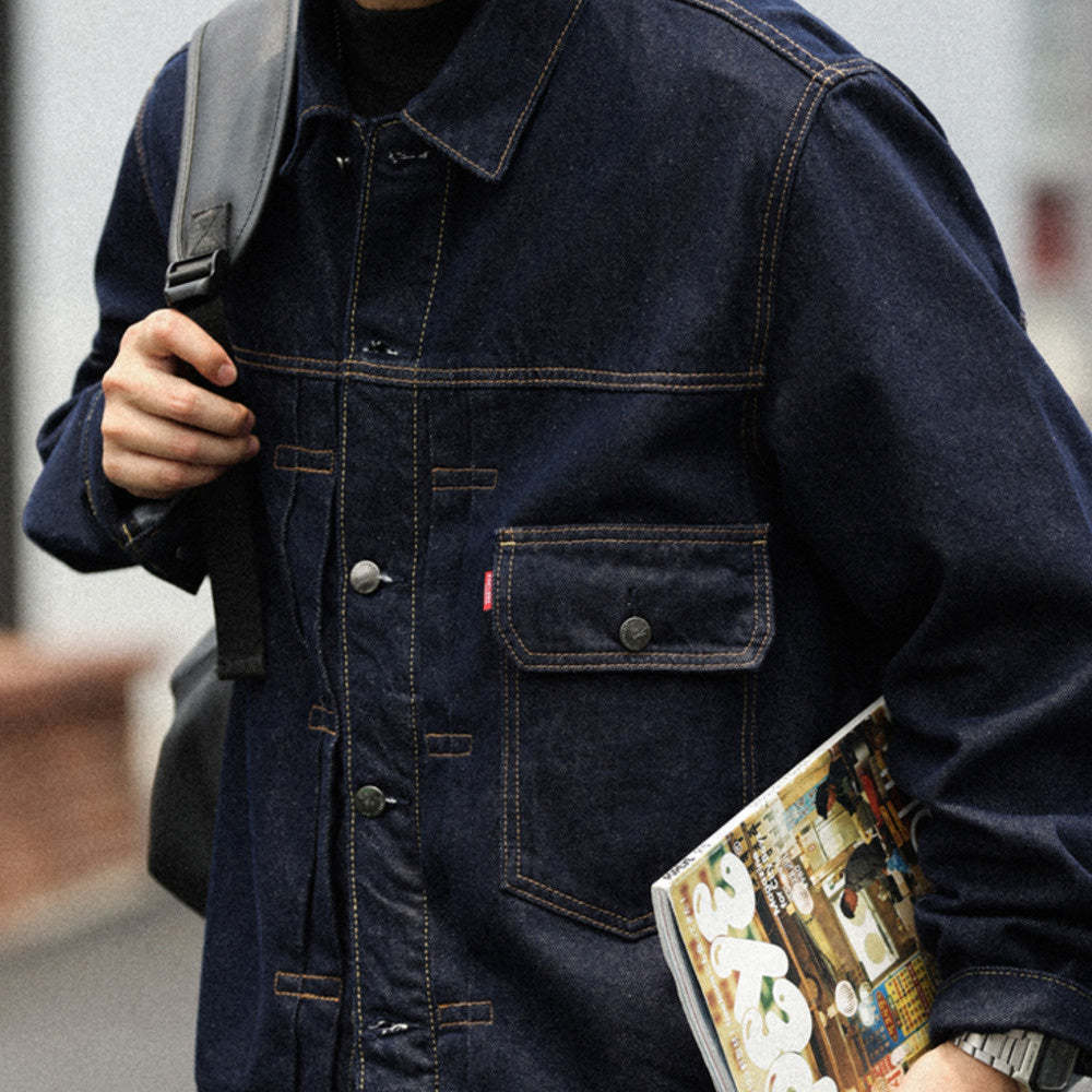 日系復古風暴騎士牛仔夾克男深藍色阿美哢嘰翻領輯明線外套-Retro's Wear
