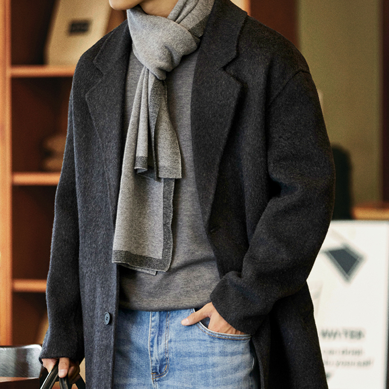 雙面羊絨平駁領毛呢大衣男士2025冬季新款通勤保暖中長款羊毛外套