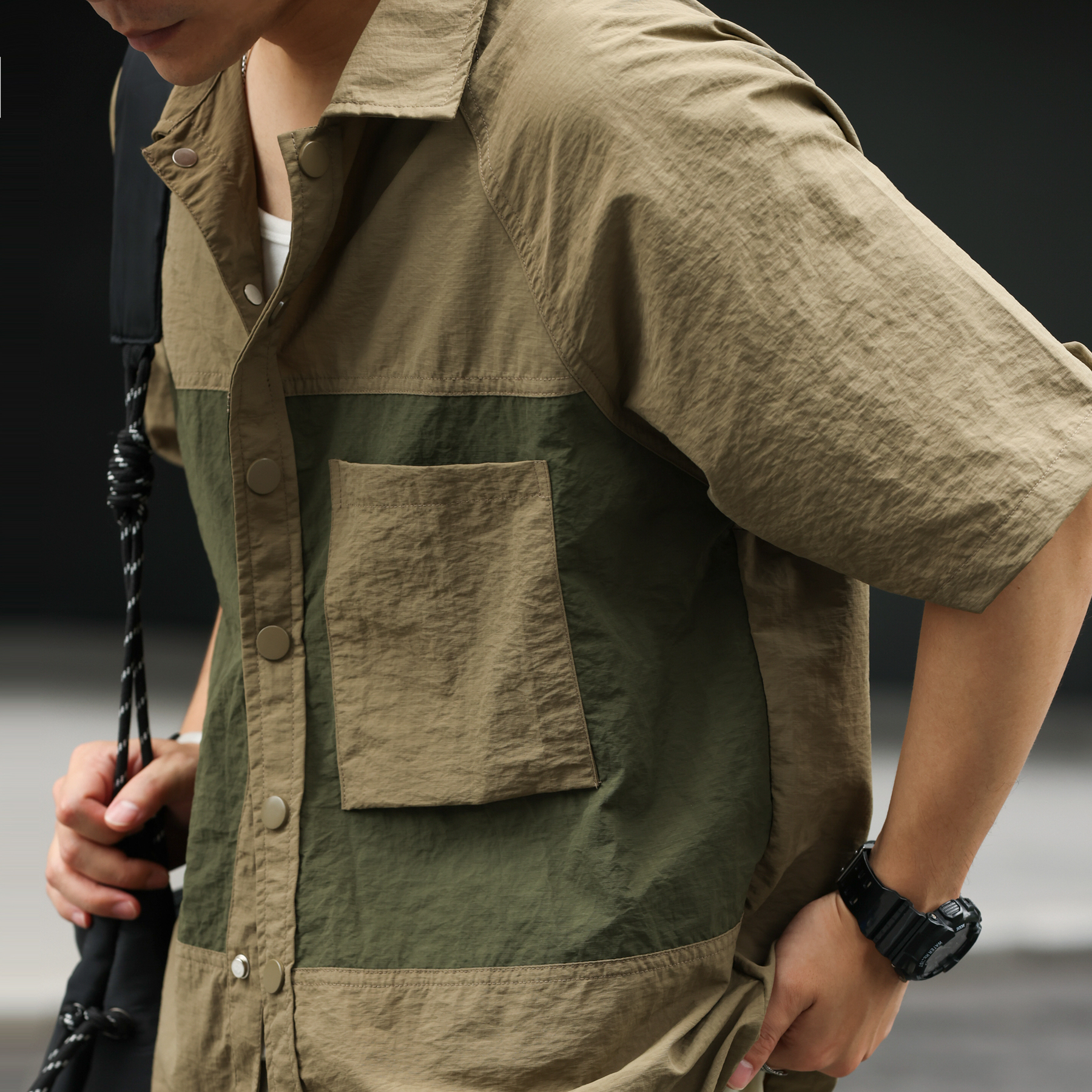 美式復古微褶肌理短袖襯衣男140g撞色拼接口袋疊穿襯衫