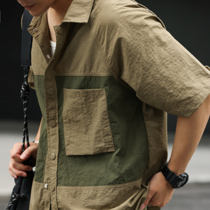 美式復古微褶肌理短袖襯衣男140g撞色拼接口袋疊穿襯衫