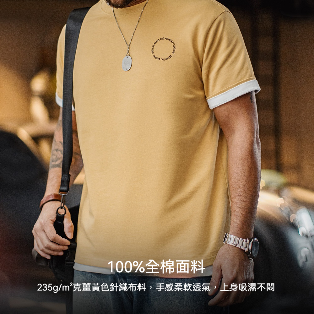 美式復古後背發泡印花T恤重磅薑黃色小眾創意短袖男款夏