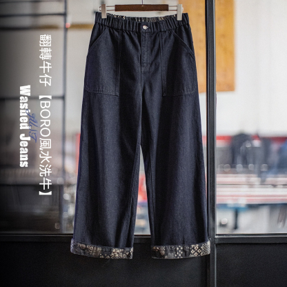 美式古布水洗牛仔褲直筒BORO闊腿深藍色寬鬆休閒褲子男春