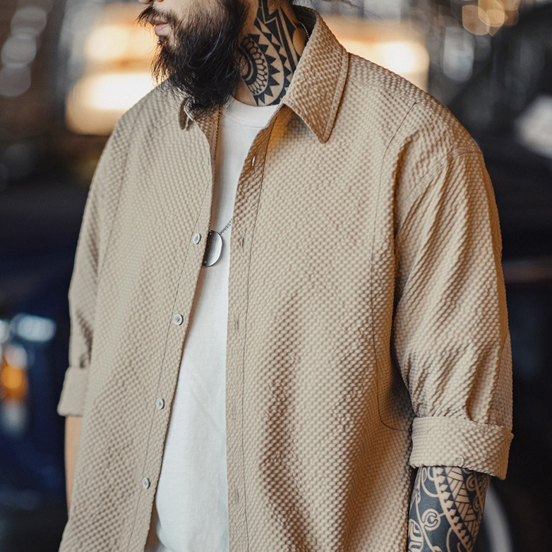 美式休閒泡泡紗免燙長袖襯衫肌理感薄款翻領襯衣外套男秋-Retro's Wear