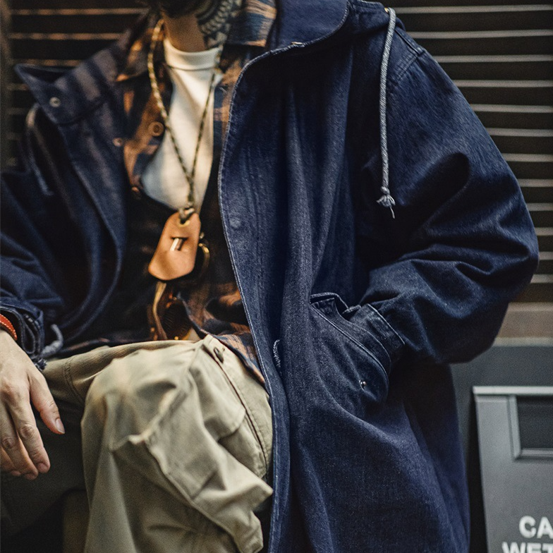 美式復古M51丹寧牛仔魚尾風衣寬鬆中長款連帽外套男秋季-Retro's Wear
