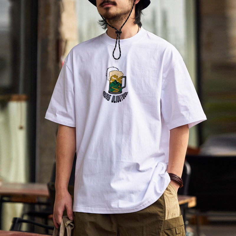 美式休閒230g水洗短袖T恤男寬鬆沙灘啤酒休閒圓領打底衫