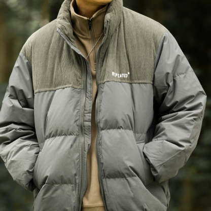 冬季新款立領羽絨服男短款90白鴨絨保暖加厚拼接麵包服外套-Retro's Wear