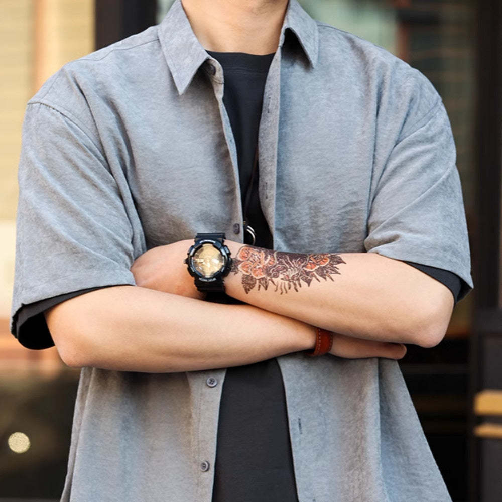 夏日橙色休閒短袖襯衫男美式寬鬆抗皺高級感痞帥疊穿襯衣